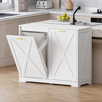 Double Tilt Out Trash Can Cabinet, Wooden Farmhouse Kitchen Garbage Bin Enclosure with Negative Ion Odor Control, Hidden Dog Proof Trash or Laundry Basket Storage for Laundry Room, White