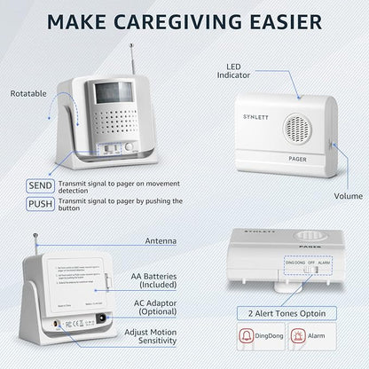 Caregiver Pager Wireless Call Buttons Motion Sensor Alarm Indoor for Elderly Monitoring Fall Prevention Bed Alarm Alert System Portable Nurse Call for Seniors Dementia Patients Emergency