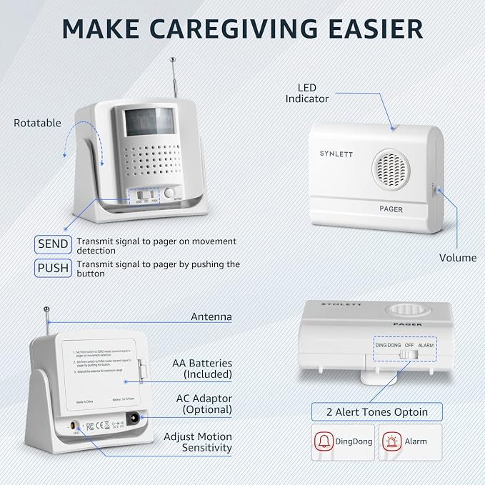 Caregiver Pager 2 Call Buttons, 1 Motion Sensor for Elderly Monitoring Fall Prevention, with an AC Adapter for the Motion Sensor