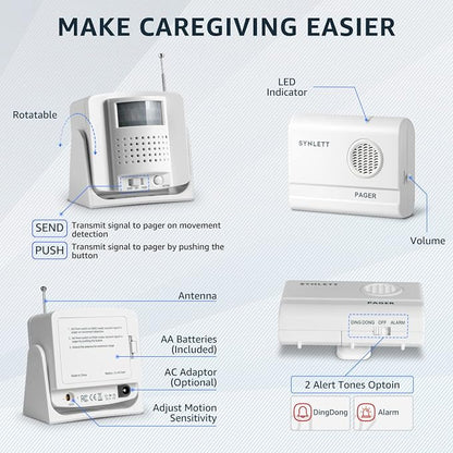 Caregiver Pager 2 Call Buttons, 1 Motion Sensor for Elderly Monitoring Fall Prevention, with an AC Adapter for the Motion Sensor