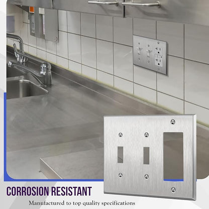ENERLITES Combination Toggle Light Decorator Switch Metal Wall Plate, Corrosive Resistant, Size 3-Gang 4.50" x 6.38", 430 Gauge Alloy, 771231, Stainless Steel, Silver | Combination two toggle & one decorator, Rust-proof stainless, Standard 3-gang, 3-ye...