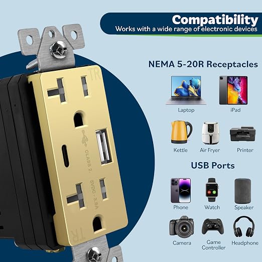 TOPGREENER USB Outlets, 20 Amp Wall Outlet with USB Ports, Gold, 1 Pack | UL Listed, 4.2A USB Outlets Receptacles with Type A&C Ports, Tamper Resistant Receptacle, Wall Plate Included, TU22036AC-GD