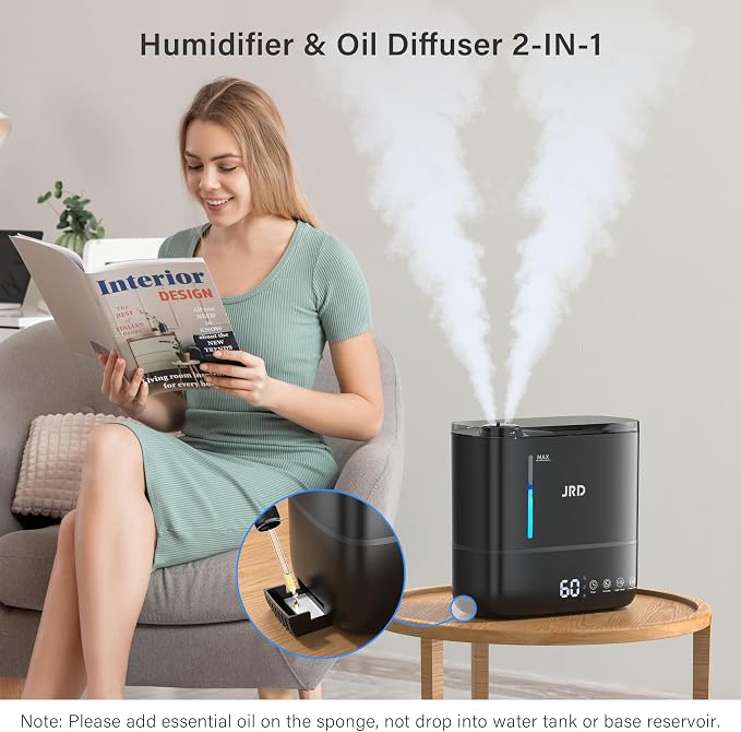 JRD Top Fill 4L Humidifiers for Bedroom, Cool Mist Humidifiers for Large Room, 40H Runtime, 360° Nozzle, Essential Oil Diffuser, Ultrasonic Humidifier for Home Baby Plants-Black