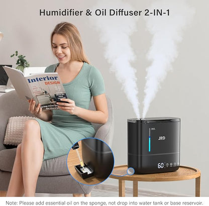 JRD Top Fill 4L Humidifiers for Bedroom, Cool Mist Humidifiers for Large Room, 40H Runtime, 360° Nozzle, Essential Oil Diffuser, Ultrasonic Humidifier for Home Baby Plants-Black