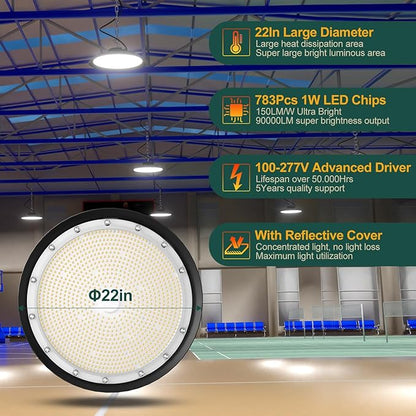 2Pack 600W UFO LED High Bay Light 5000K Daylight, 90,000 Lumens Super Bright, 100-277V Wide Voltage, Commercial High Bay Lighting for Warehouse Factory Gym, 3.3' Cable & US Hook, Plug& Play