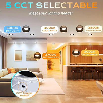 CLOUDY BAY [4 Pack] 4 inch 5 Color Swivel LED Gimbal Recessed Light with Junction Box IC Rated Air Tight,120V CRI90+,2700K/3000K/3500K/4000K/5000K Selectable,Black
