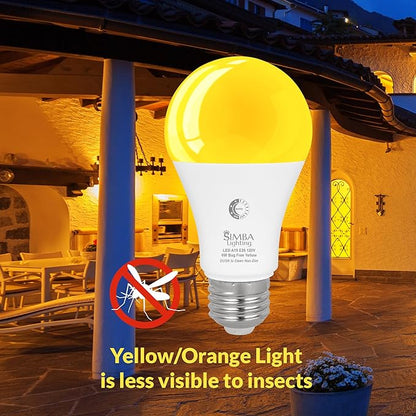 Simba Lighting Bug Non-Attracting Yellow LED Bulb 6W 40W Equivalent (2 Pack), Great for Outdoor Porch Light, Night Light, Dusk-to-Dawn Smart Sensor Auto On/Off, Amber Warm Light, A19 E26 Medium Base