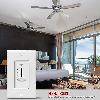 ENERLITES 3 Speed Decora in Wall Ceiling Fan Control, Slide Switch, 120VAC, 2.5A, Single-Pole, Neutral Wire NOT Required, 17000-F3-W2P, White, 2 Pack