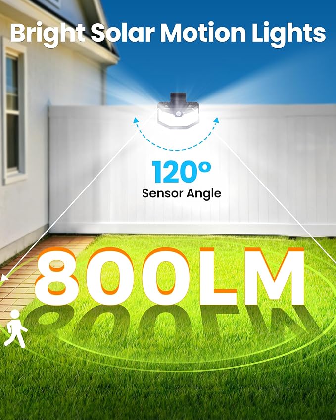 800LM Clip On Solar Lights Outdoor, 270° Wide Angle Motion Sensor Outdoor Lights with 115 LEDs & 3 Modes, IP65 Waterproof Solar Fence Lights Outdoor for Deck, Gutter, Patio, Backyard, Railing 4Pack