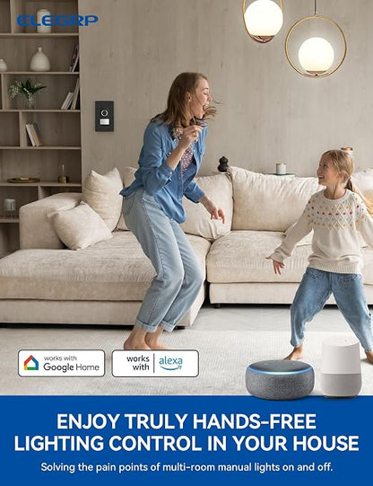 ELEGRP Smart Motion Sensor Switch, 2.4GHz Wi-Fi Single Pole Light Switch Works with Alexa & Google Assistant, APP Remote Control, Neutral Wire Required, UL Certified, No Hub Required (Black, 2 Pack)