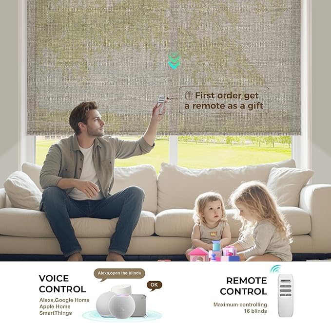 HeyBlinds Motorized Blinds with Remote, Smart Roller Shades with App & Voice Control, Work with Alexa Google HomeKit, Light Filtering Custom Window Shades for Living Room Office (Sunbeam-Camel LF)