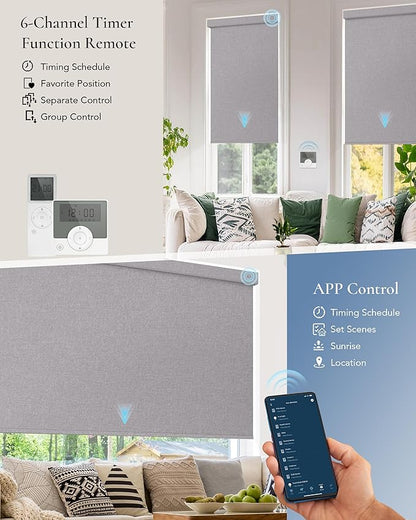 Motorized Blinds Compatible with Alexa Google Custom to 108" Width 100% Blackout Smart Blind Automatic Large Window Roller Shades Remote Control Fabric Grey