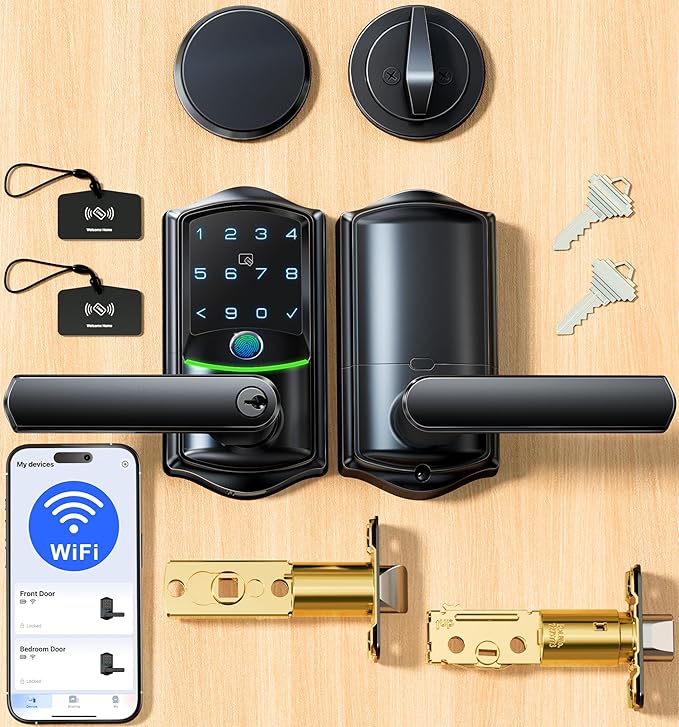 Veise VE029-E Wi-Fi Smart Lock with Handle & Non-Keyed Deadbolt, Fingerprint Keyless Entry Lock for Front Door, APP Remote Control, Keypad Electronic Digital Knob, IP65 Waterproof, Matte Black