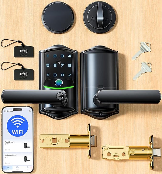 Veise VE029-E Wi-Fi Smart Lock with Handle & Non-Keyed Deadbolt, Fingerprint Keyless Entry Lock for Front Door, APP Remote Control, Keypad Electronic Digital Knob, IP65 Waterproof, Matte Black