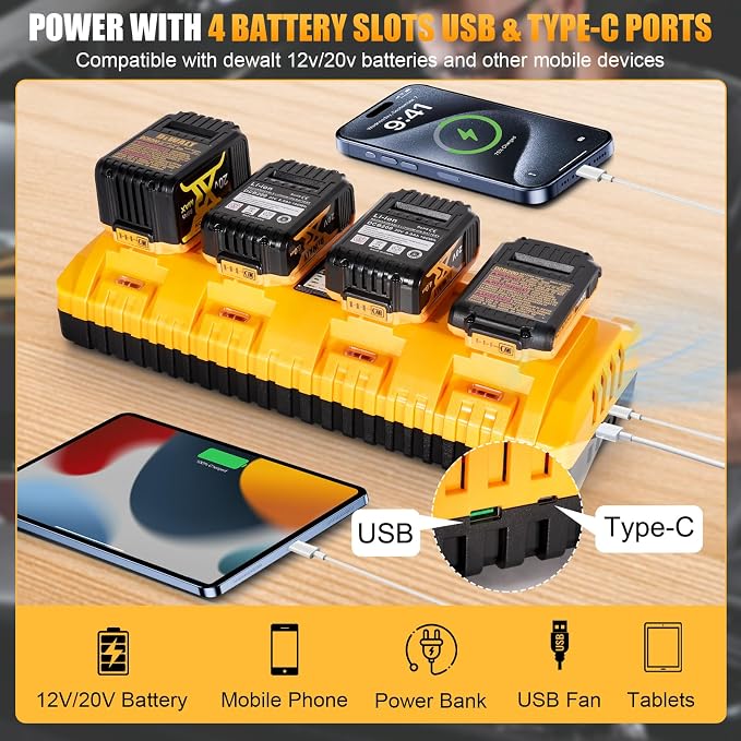4 Port Battery Charger Fits for Dewalt 12V 20V Max Lithium Battery, DCB104 | Multi Battery Charging Station with USB Ports, Fits for Dewalt Lithium Batteries for Jobsite, Workshop and Home Garage Use