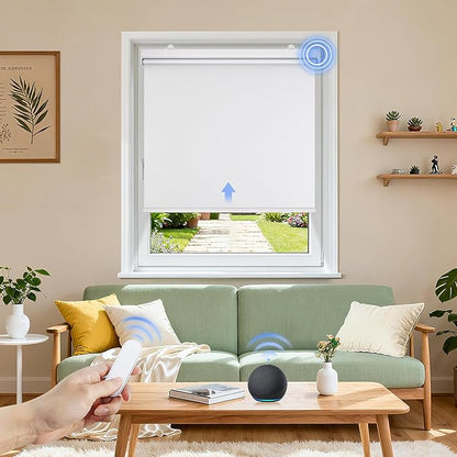 Grandekor Motorized Blinds with Remote Control, Blackout Roller Shade Electric Shades Cordless Smart Blinds for Bedroom Living Room Office,White,W25xH72