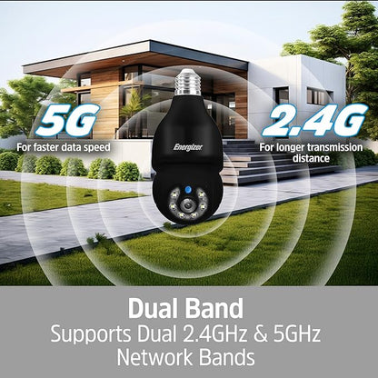 Energizer Smart Outdoor 2K QHD Security Socket Camera, 5GHz & 2.4 GHz Dual Band, Pan & Tilt Motion Tracking, 2-Way Audio, Night Vision, Recording, Instant Alerts, Voice Control with Google & Alexa,