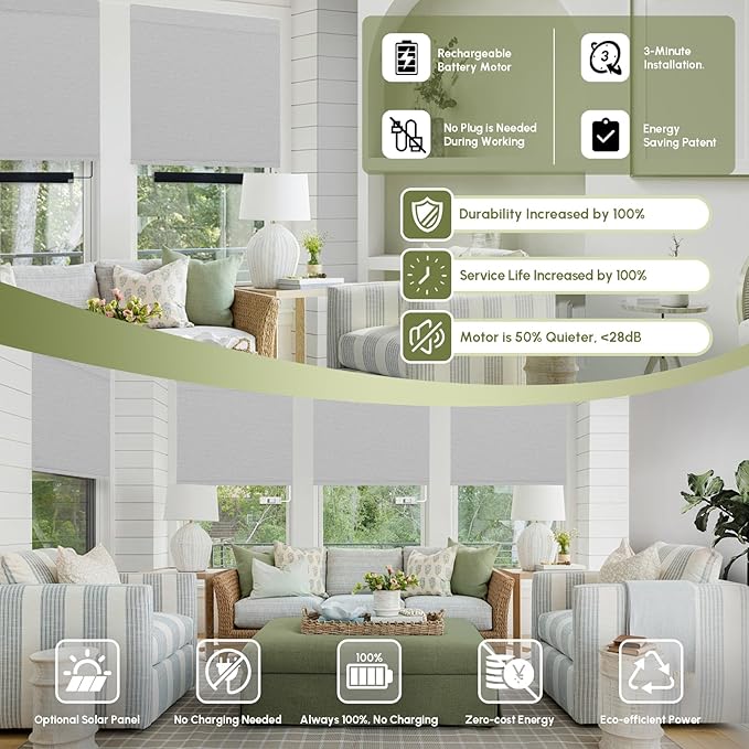 FineTell Motorized Blinds with Remote, 100% Blackout Roller Shades Compatible with Alexa,Apple Homekit,Google Home APP and Voice Control, Customized Electric Blinds (100% Blackout Pure Light Grey)
