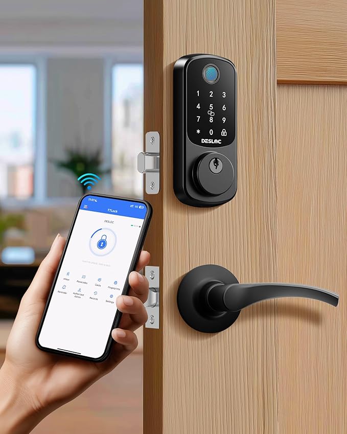 DESLOC B200 Fingerprint Smart Lock with 2 Lever Handles, Keyless Entry Front Door Lock Set, Electronic Keypad Deadbolt, App Control, Auto Lock, Long Battery Life,Matte Black