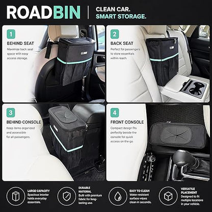 RoadBin™ Car Trash Can – Slim 4" 2.5 Gallon Space-Saving Design, Stays Upright, Leakproof & Odor-Proof Car Garbage Can for Clean, Clutter-Free Cars, Trucks & SUVs