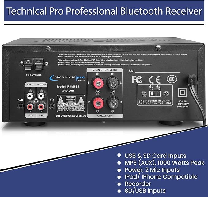 Home Theater System Kit 1000 Watts Bluetooth Receiver w/ 6 Qty 5.25" 175 Watts Each in-Wall in-Ceiling Speakers & 16 Gauge 250 ft. Speaker Wire Portable Microphone w/Remote Control by Technical Pro
