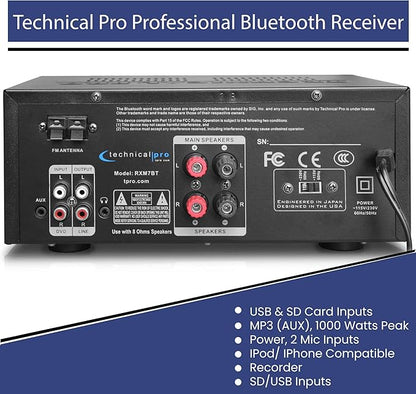 Home Theater System Kit 1000 Watts Bluetooth Receiver w/ 6 Qty 5.25" 175 Watts Each in-Wall in-Ceiling Speakers & 16 Gauge 250 ft. Speaker Wire Portable Microphone w/Remote Control by Technical Pro