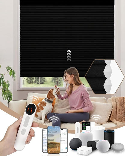 Kincmo Motorized Cellular Shades, Custom Motorized Blinds with Remote, Cordless Smart Electric Honeycomb Blinds Work with Apple HomeKit, Alexa, Google (75%-Blackout-Single-Cell Black)