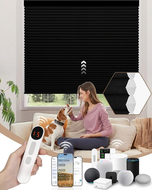 Kincmo Motorized Cellular Shades, Custom Motorized Blinds with Remote, Cordless Smart Electric Honeycomb Blinds Work with Apple HomeKit, Alexa, Google (75%-Blackout-Single-Cell Black)