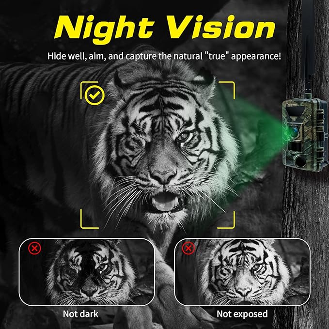Cellular Trail Camera Subscription-Free, 4G LTE Cam, 1296P HD, 60MP, Low-Glow IR Night Vision, Fast Trigger Speed, Long Battery Life & 32GB SD for Wildlife Monitoring & Property Security