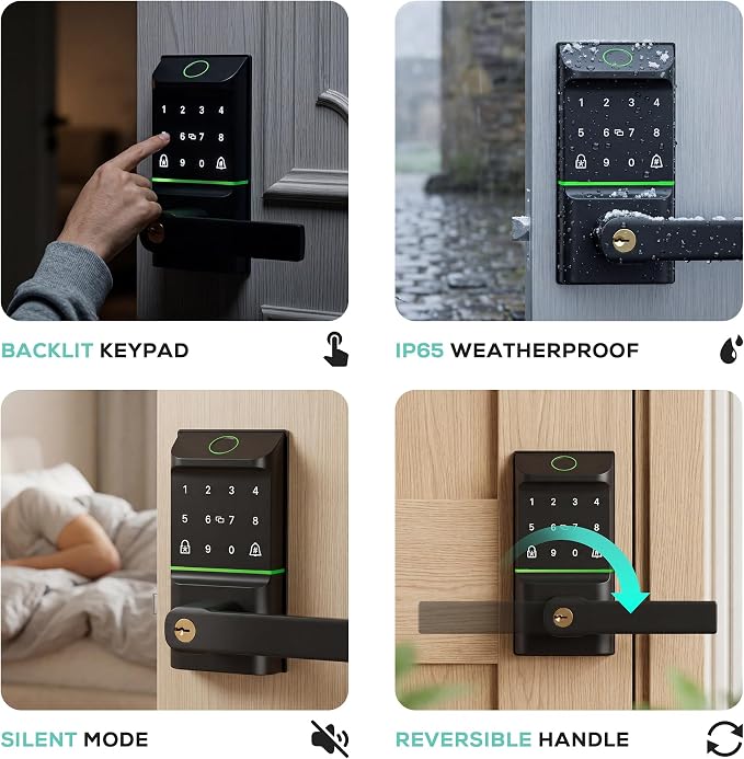 Smart Door Lock Keyless Entry, 6-in-1 Biometric Deadbolt w/Fingerprint, Keypad, IC Card, APP, Key, Type-C Charging, IP65 Waterproof, Bluetooth, Doorbell & Auto-Lock for Front Door Home Security