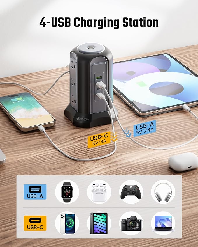 15Ft Extension Cord Power Strip Tower Surge Protector, Desktop Charging Station with Multiple Outlets, 9 Outlets, 4 USB (2 USB-C), 1080J, Multiple Protections Outlet Extender for Home, Office, Dorm