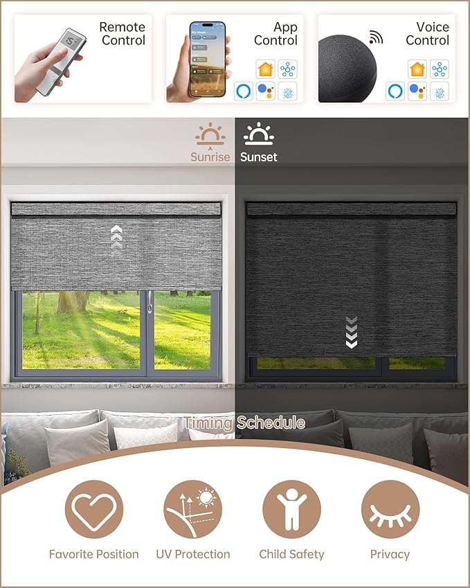 Kincmo Motorized Blinds with Remote, Light Filtering Roller Shades Work with Apple Homekit,Alexa,Google Home, Custom Electric Blinds with App,Voice Control (75% Blackout Dreamy Dark Grey)