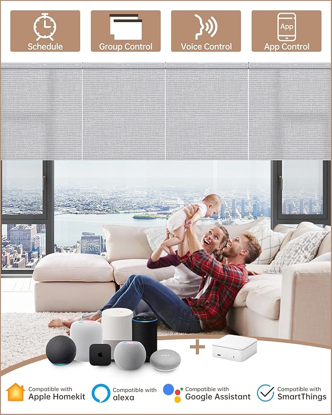 Kincmo Motorized Blinds with Remote, Light Filtering Roller Shades Work with Apple Homekit,Alexa,Google Home, Custom Electric Blinds with App,Voice Control (75% Blackout Classic Smoke)
