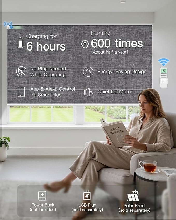 Motorized Roman Shades for Windows, Custom Light Filtering Roman Blinds with Remote, Smart Privacy Window Shades for Living Room Kitchen Office, Alexa & Google Home Compatible, App Control via RF Hub