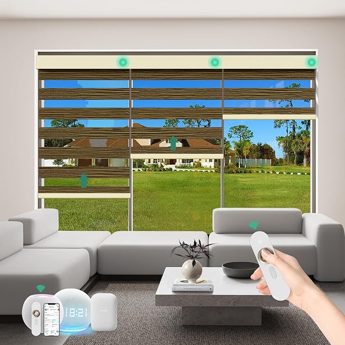 Motorized Zebra Blinds with Remote [Dual Layer + Light Filtering] 60% Blackout Smart Shades for Indoor Windows, Alexa Google and HomeKit Compatible, Customized Size, Woven Desert