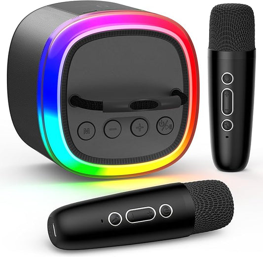 HWWR Karaoke Machine, Mini Bluetooth Speaker with 2 Wireless Microphones, Disco Lights Karaoke Home Party, Xmas Birthday Gifts for Singing