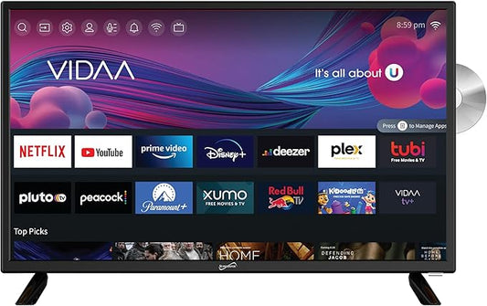 Supersonic SC-2426SDVD 24-inch LED Smart HDTV w/DVD Player, ATSC & NTSC System, 3X HDMI, 1080p, WiFi, USB, Multi Language OSD, AC/DC Compatible for Home, Kitchen, or RV Camper, DC Car Cord Included