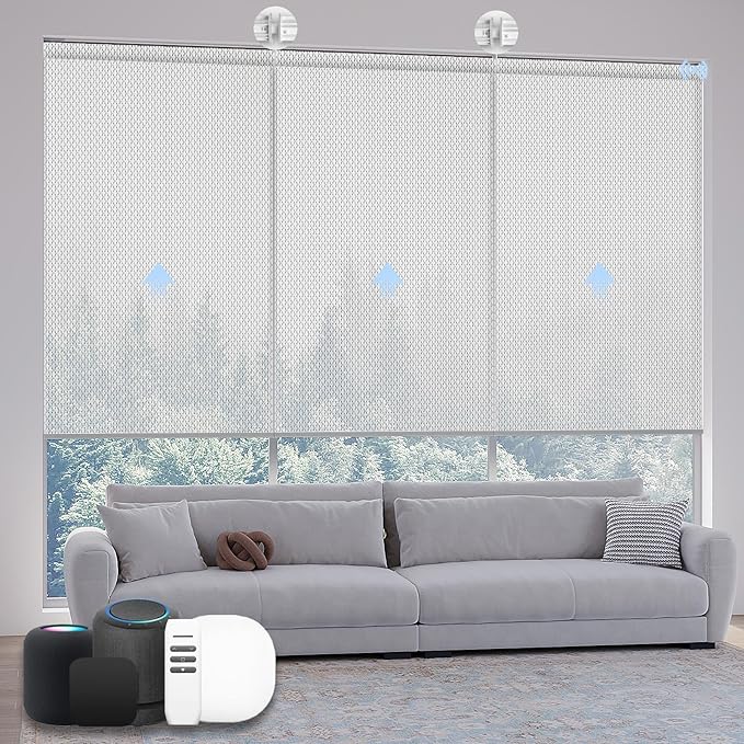 Motorized Coupled Shades, Falme Resistant Smart Solar Shades for Large Windows Automatic Blinds Compatible with Alexa, Electric Roller Blinds Customized for Home Office(5% Openness Sliver)