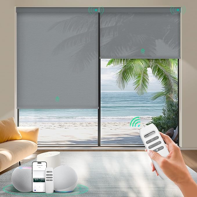HeyBlinds Motorized Blinds with Remote, Smart Roller Shades with App & Voice Control, Work with Alexa Google HomeKit, Light Filtering Custom Window Shades for Living Room Office (Simply-Smoky Gray LF)