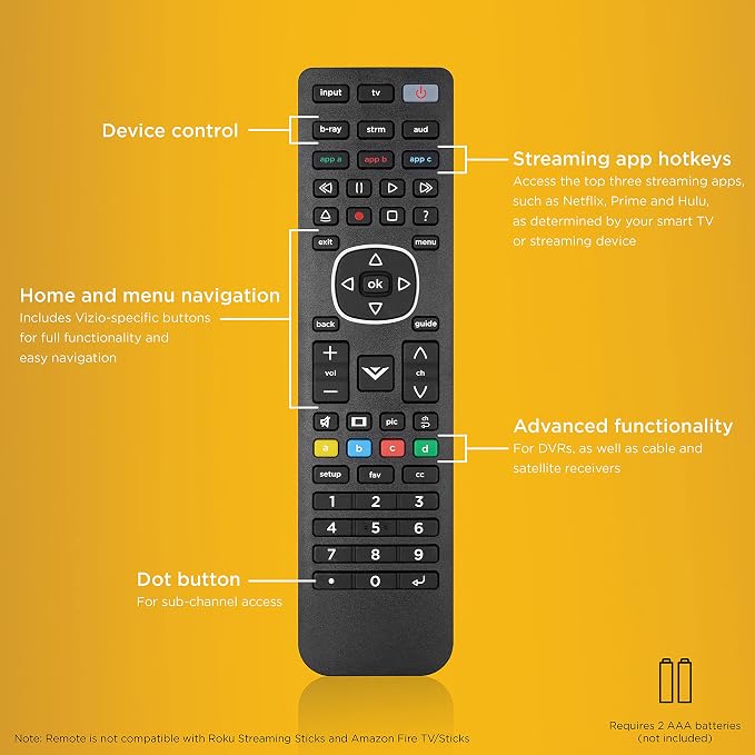 UltraPro 4-Device Replacement Remote for Vizio, Smart TV | Compatible with LED LCD HD UHD 4K HDR Plus Universal Remote Control Function for Streaming Players, Sound Bars,, 67208