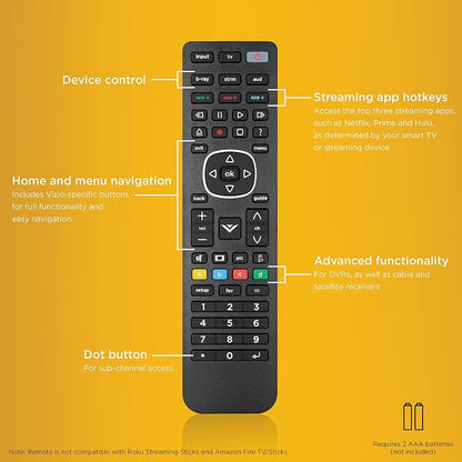 UltraPro 4-Device Replacement Remote for Vizio, Smart TV | Compatible with LED LCD HD UHD 4K HDR Plus Universal Remote Control Function for Streaming Players, Sound Bars,, 67208