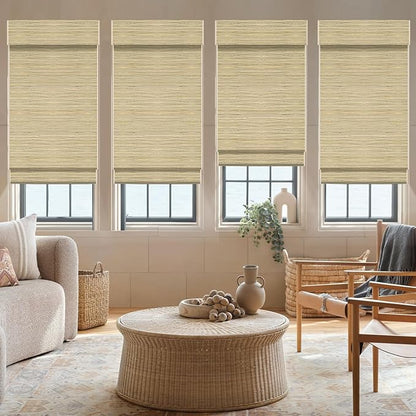 Motorized Roman Woven Woods Shades 100% Blackout Work with HomeKit, Alexa,Google, Remote Control Natural Bamboo Blinds Electric Roman Blinds Custom Size,Crocheting Yellow