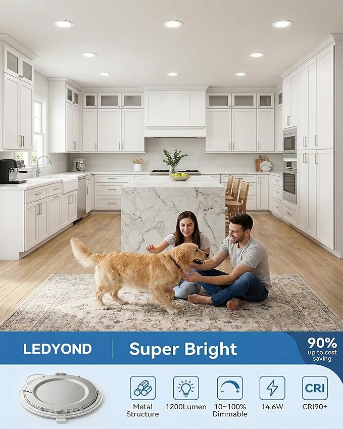 LEDYOND 6-Pack 6 Inch Canless LED Recessed Lighting with Iron Junction Box, 1200LM Slim Wafer Light, 5CCT 2700K-5000K Selectable, CRI 90+, Dimmable Metal Trim Retrofit Ceiling Light, Energy Star &ETL
