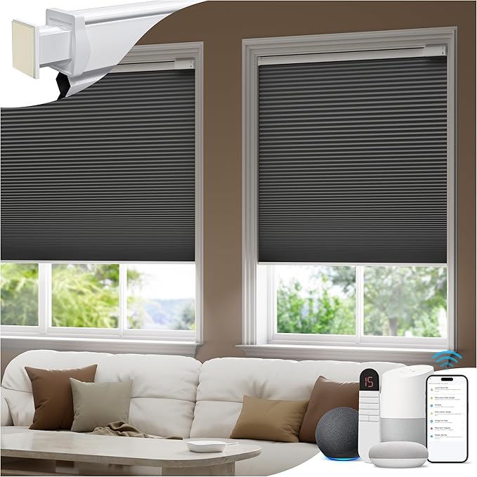 No Drill Motorized Cellular Shades, Cordless Blackout Honeycomb Blinds for Windows, Smart Automatic Blinds Compatible with Alexa/Google Home/Smarthings, Gray