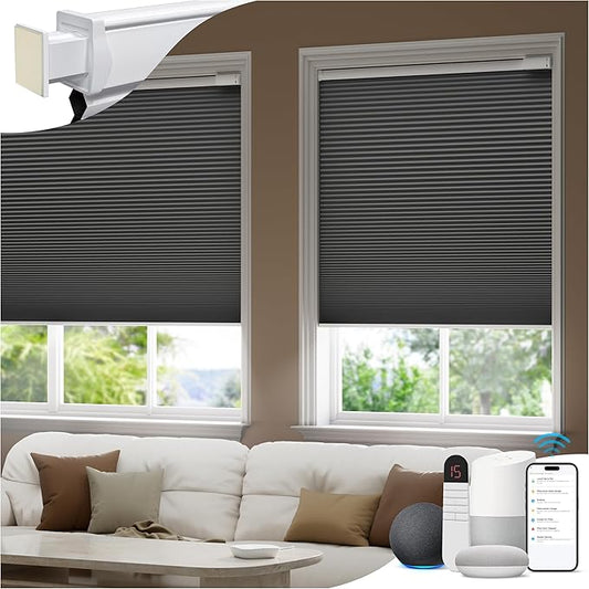 No Drill Motorized Cellular Shades, Cordless Blackout Honeycomb Blinds for Windows, Smart Automatic Blinds Compatible with Alexa/Google Home/Smarthings, Gray
