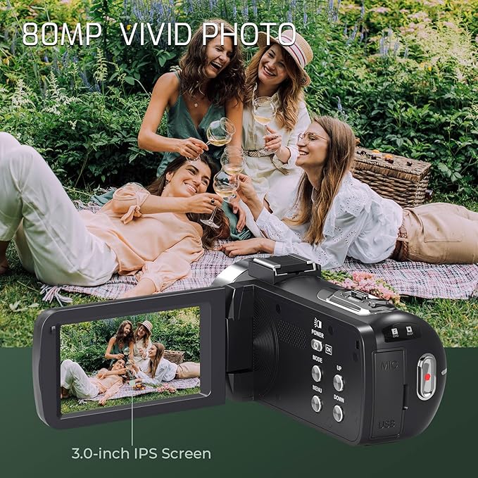 4K Camcorder Video Camera Ultra HD 80MP IR Night Vision Vlogging Camera for YouTube,18X Digital Zoom Camcorder 3.0" 270° Rotation IPS Screen Video Recorder with 32GB SD Card, Lens Cap and 2 Batteries