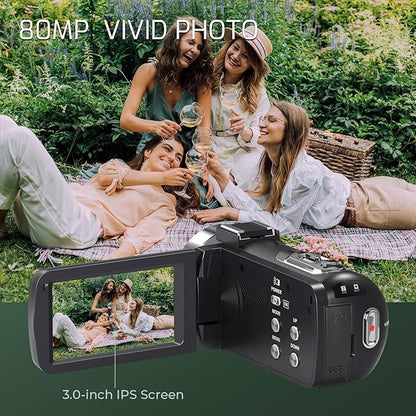 4K Camcorder Video Camera Ultra HD 80MP IR Night Vision Vlogging Camera for YouTube,18X Digital Zoom Camcorder 3.0" 270° Rotation IPS Screen Video Recorder with 32GB SD Card, Lens Cap and 2 Batteries