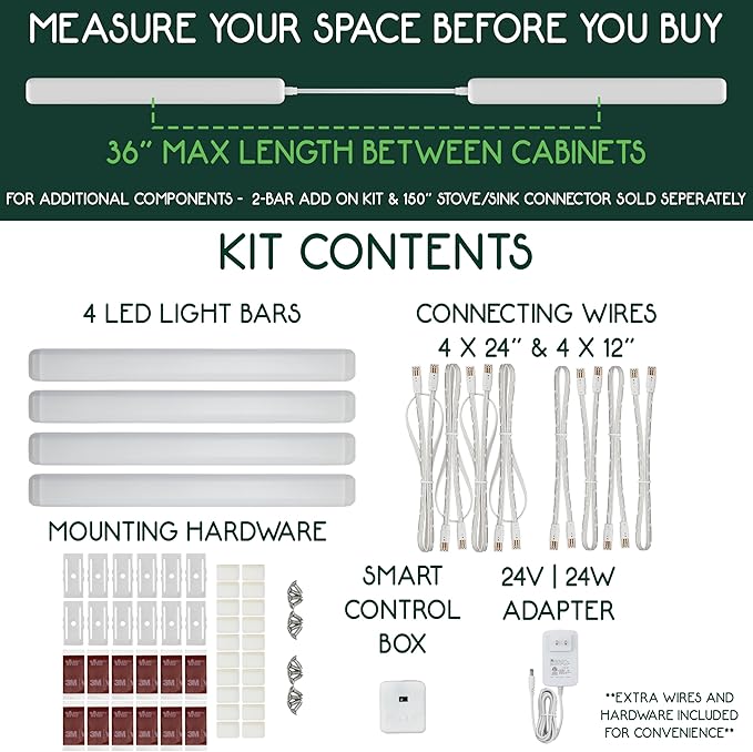 4 Bar Kit - Smart Under Cabinet Lighting - 12” x 360° Wide Angle Bars - 2700K-6500K - 95 CRI - LED - WWA - Works with Alexa, Google, Apple & More - Matter Certified - Plug-in
