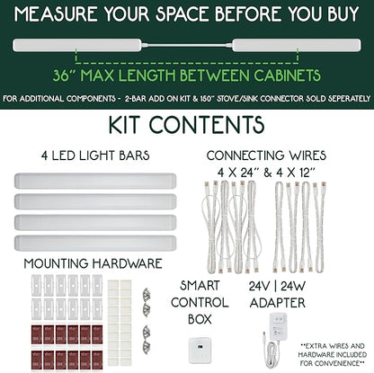 4 Bar Kit - Smart Under Cabinet Lighting - 12” x 360° Wide Angle Bars - 2700K-6500K - 95 CRI - LED - WWA - Works with Alexa, Google, Apple & More - Matter Certified - Plug-in