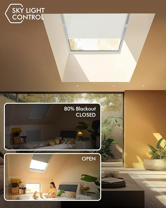 Yoolax Motorized Skylight Shades, Smart Cellular Shades Compatible with Alexa Google, Electric Cordless Honeycomb Blinds with Remote for Roof Inclined Plane Room (Light Filtering Beige)